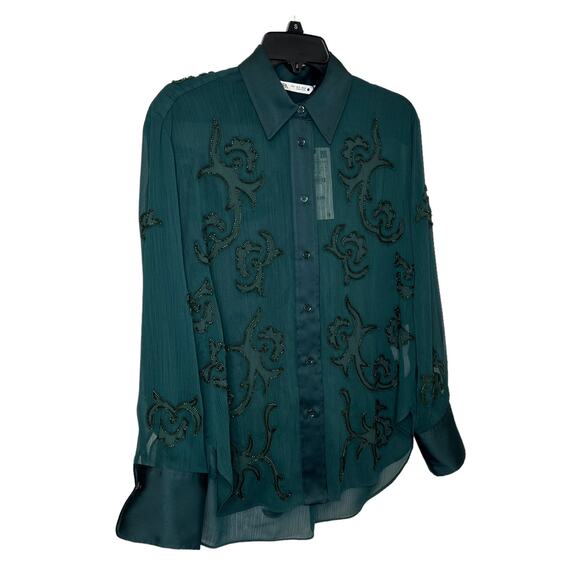 Zara Semi-Sheer Collared Button-Up Blouse Tonal Bead Applique Forest Green Small - Picture 12 of 14